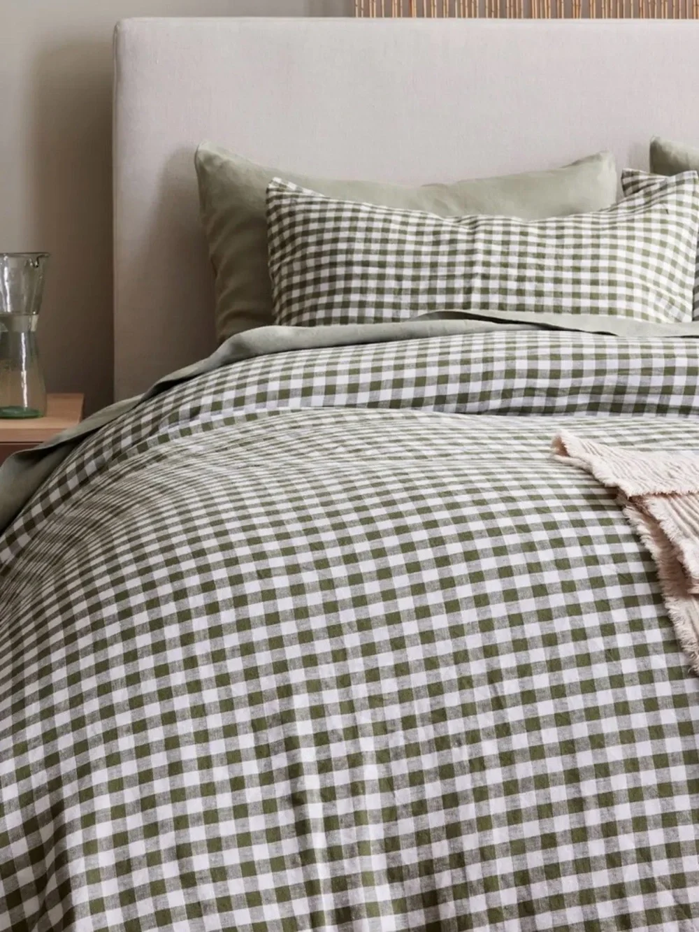 NEW European Linen Gingham Duvet Cover Set, Twin (Olive)